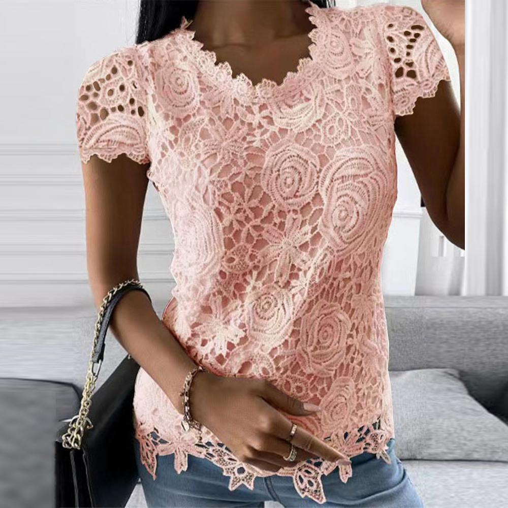 Plus Size Oversized Women Fashion Lace Round Neck Tops T-Shirt Ladies Summer Casual Short Sleeve Blouse Clothes For Female 2026