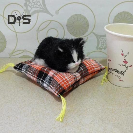 Simulation Cat Doll Plush Toy Mini Realistic Sleeping Kittens on Mat Figurine Stuffed Animal Toy with Cushion for Home Office Room Desktop Decor