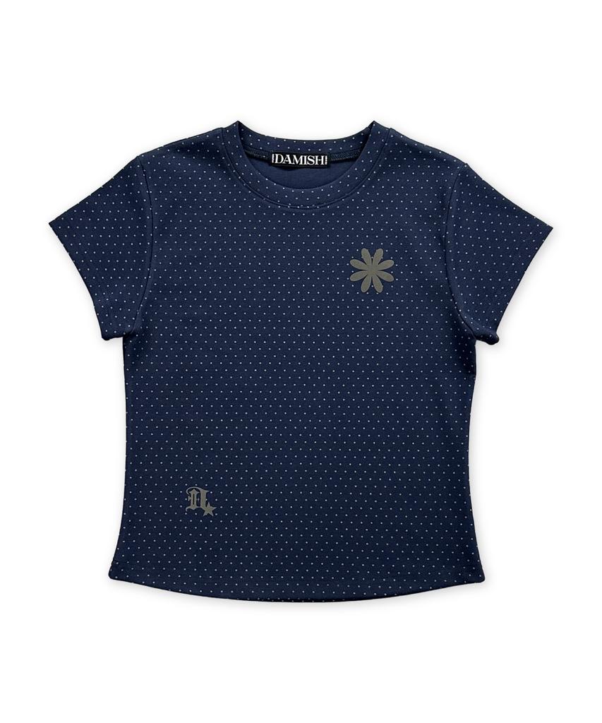 Damiswi Flower Symbol Polka Dot Short Sleeve T-Shirt_Navy