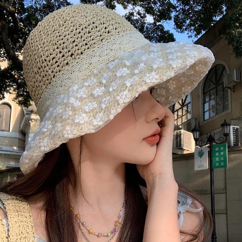 Summer Hat Women Lace Ribbon Bow Brimmed Sunshade Bucket Hat Lady Folding Sun Hat Beach Accessories Sunscreen Travel New Sunhat