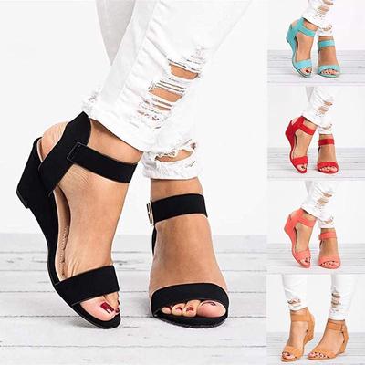 Summer Women's Ladies Fashion Solid Color Sandals Wedge Heels Buckle Strap Roman Shoes