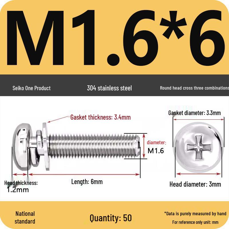 304 Stainless Steel Phillips Round Head Screw with Flat Washer M3/M4/M5/M6