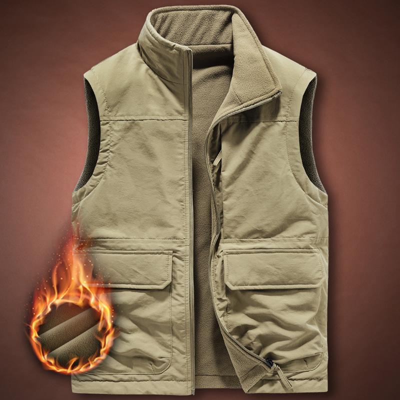 

Men s Reversible Fleece-Lined Multi-Pocket Vest for Autumn/Winter 3XL хакі