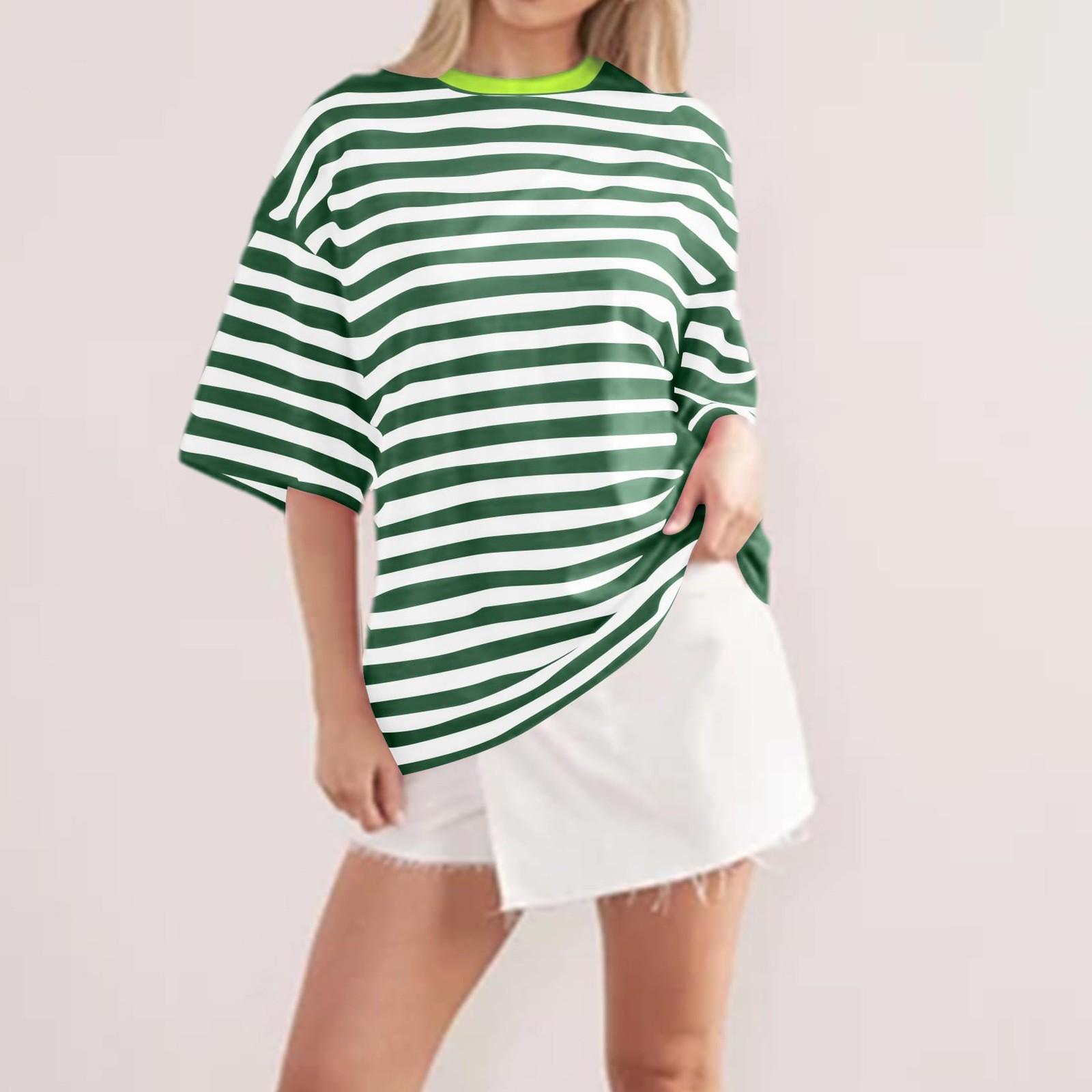 

Женские полосатые футболки с короткими рукавами большого размера, базовая рубашка с круглым вырезом и цветными блоками, повседневные летние футболки XL зелёный