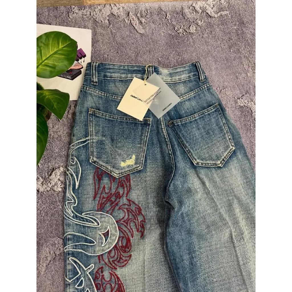 VibeStreet Y2K American New Pattern Embroidery Baggy Jeans High Street Vintage Hip Hop Fashion Casual Joker Couple Wide-leg Pants
