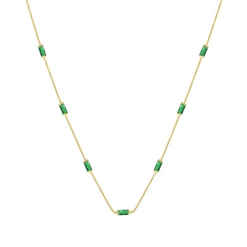 Vin14K Gold Plated Dainty Green Rectangle Cubic Zirconia Necklace Thin Snake Chain Minimalist Daily Choker Neck Jewelry for Women