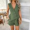 Summer Elegant Fashion Solid Color V-neck Button Irregular Vest Lace Up Shorts Set Women Sleeveless Top Suit