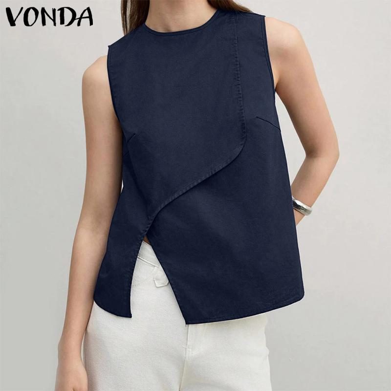 

VONDA Women Round Neck Sleeveless Irregular Splits Casual Tank Tops S темно-синий
