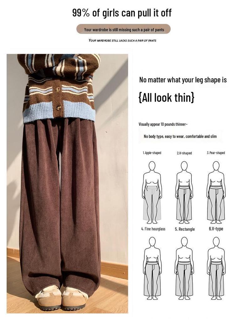 Coffee-Colored Chenille Wide-Leg High-Waisted Pants for Women - Autumn/Winter 2026 Plus Velvet Petite Loose Casual Sweatpants