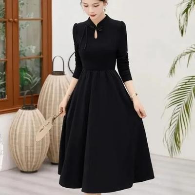 New Chinese Style Stand Up Collar Buckle Dress with Temperament Solid Color Plus Size Women's Dress