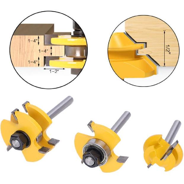 1/4 Inch Shank Router Bit Set, 3PCS Tongue and Groove Router Bits, 45 Degree Joint Router Bits, 3 Teeth T Shaped Wood Milling Cutter Set for