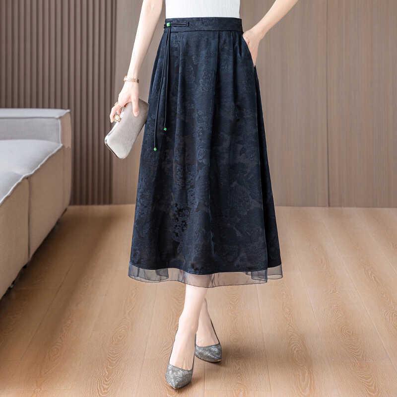 Damen Frühling/Sommer Schwarzer Jacquard A-Linien-Rock: Retro High Waist Schlankmachend für Mütter mittleren Alters