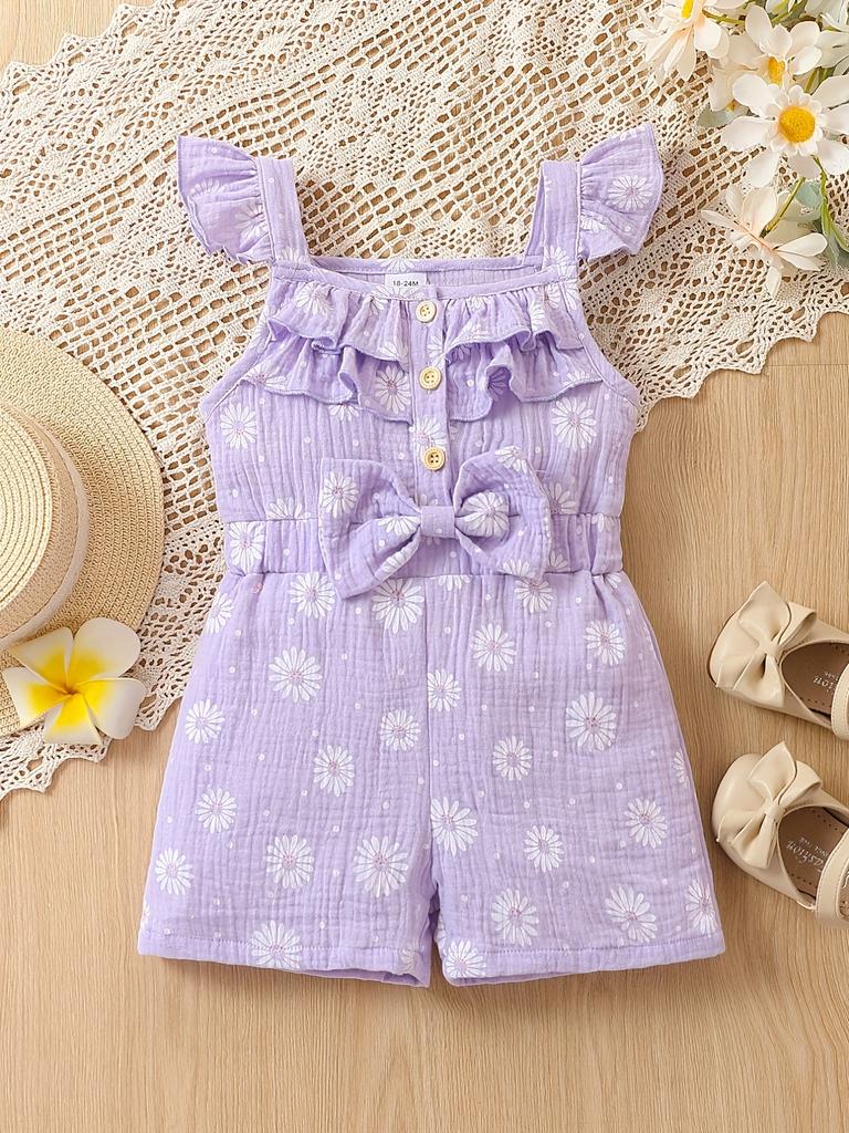Summer Girls' One-piece Pants, Small and Fresh Frilled Short Pants, One-piece Dress for Little Kids, Casual and Refreshing Daisy Pants for Young Girls