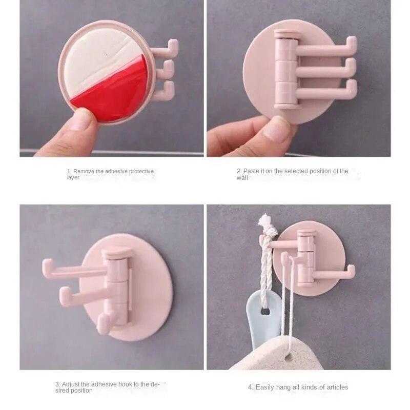 Rotating traceless hook, wall self-adhesive, strong, non punching, kitchen, bathroom storage rack, multifunctional towel rack
