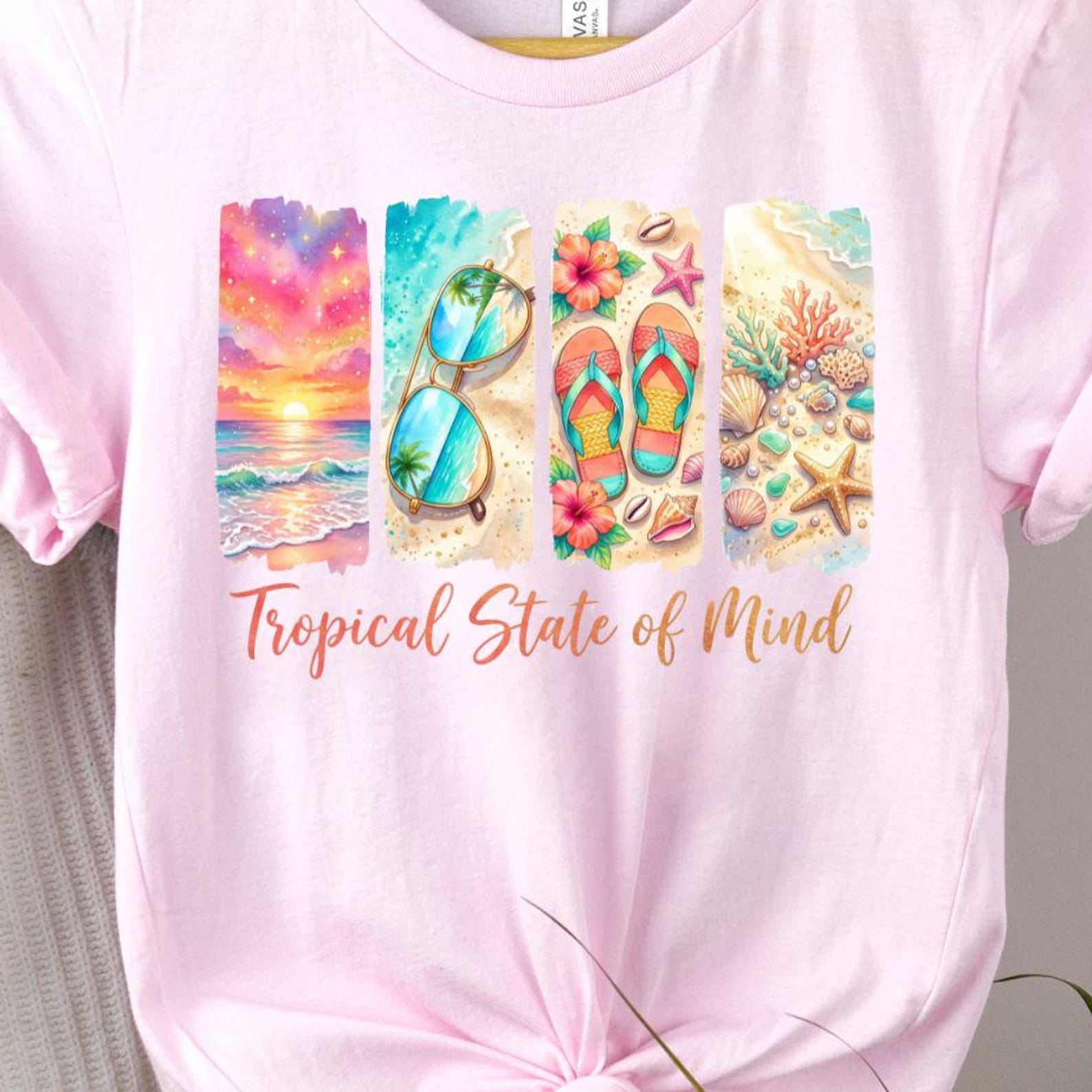 Tropical State of Mind tee | Beach sunset, flip flops, seashells, sunglasses, 10 colors M