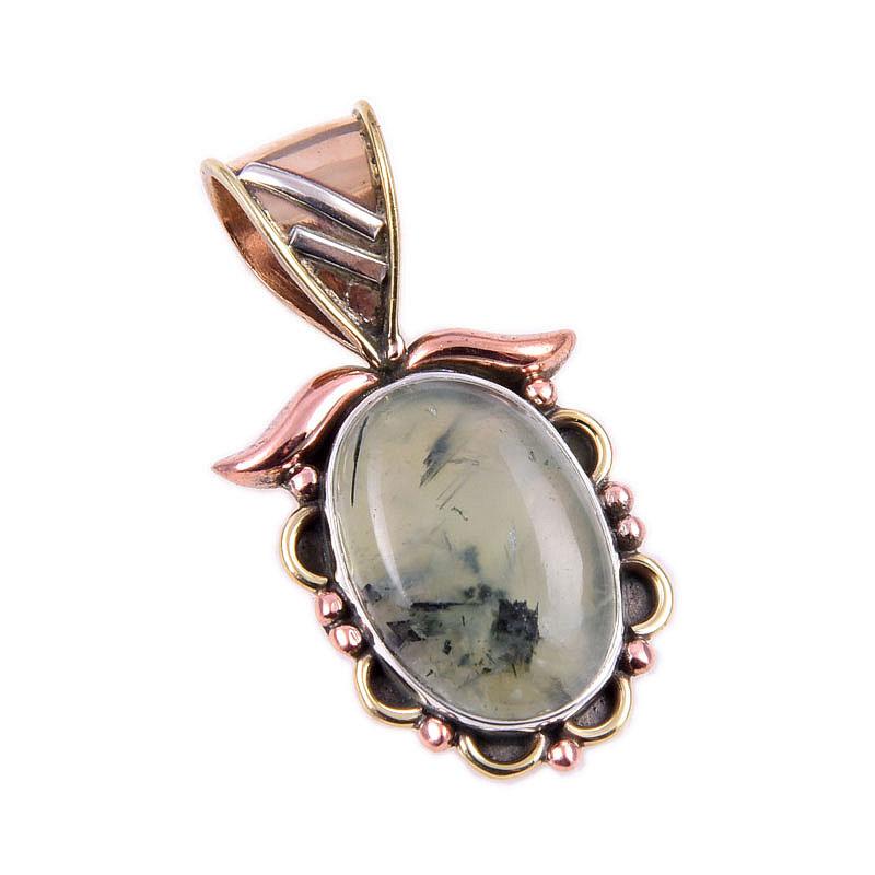 Natural Prehnite Gemstone 925 Solid Sterling Silver Two Tone Pendant 1.25'' U5o15