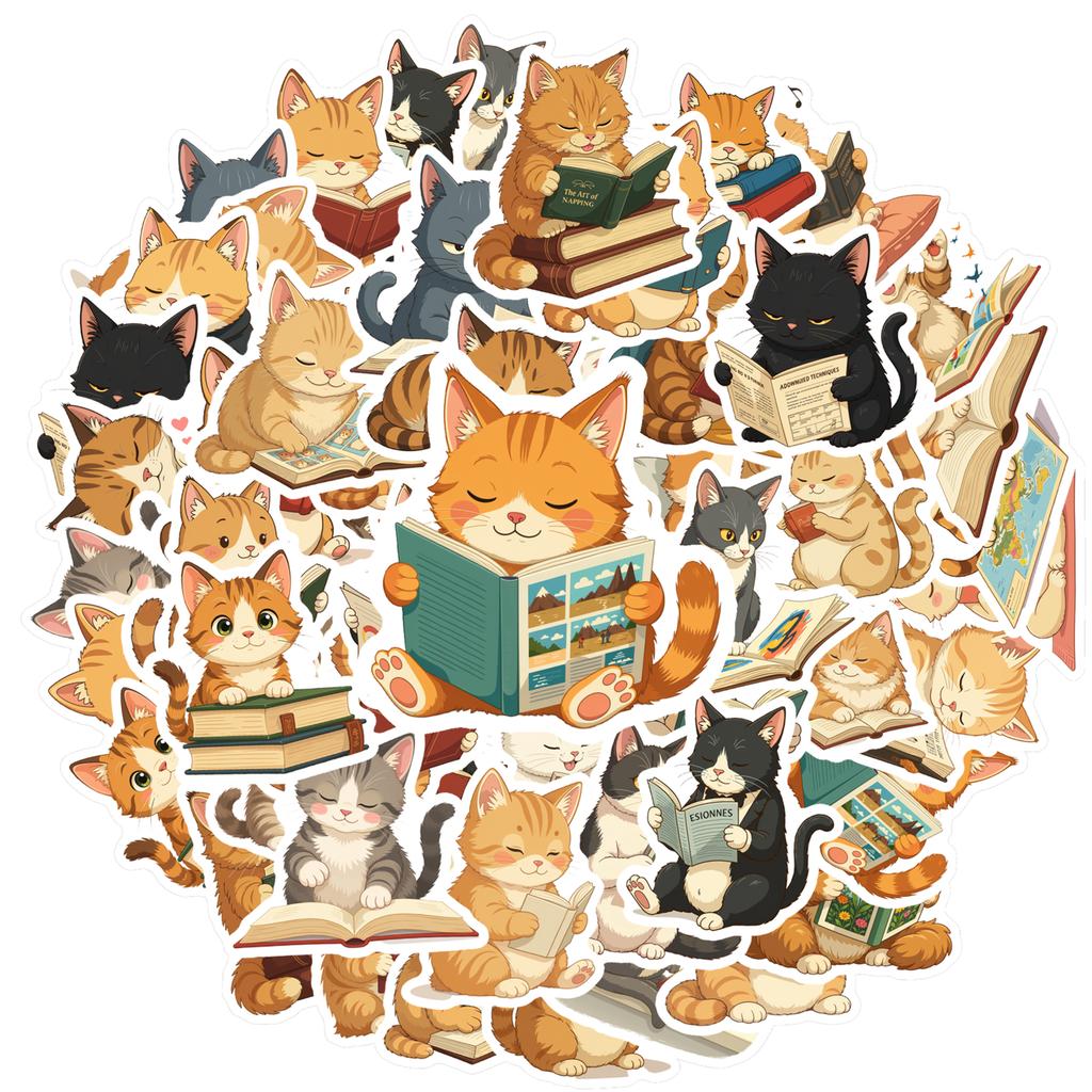 35-100pcs Cat Reading Stickers Funny Meme Stickers Pack Animal Cartoon Decals Cute Sealing Labels Reward Stickers Gift