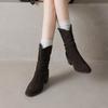 Krazing Pot Cow Suede Nubuck Round Toe Thick Heels Western Boots Size 42 Slip on Women Pleated Decoration Mid-calf Boots