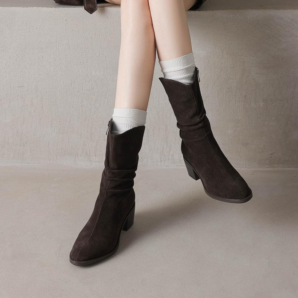 Krazing Pot Cow Suede Nubuck Round Toe Thick Heels Western Boots Size 42 Slip on Women Pleated Decoration Mid-calf Boots