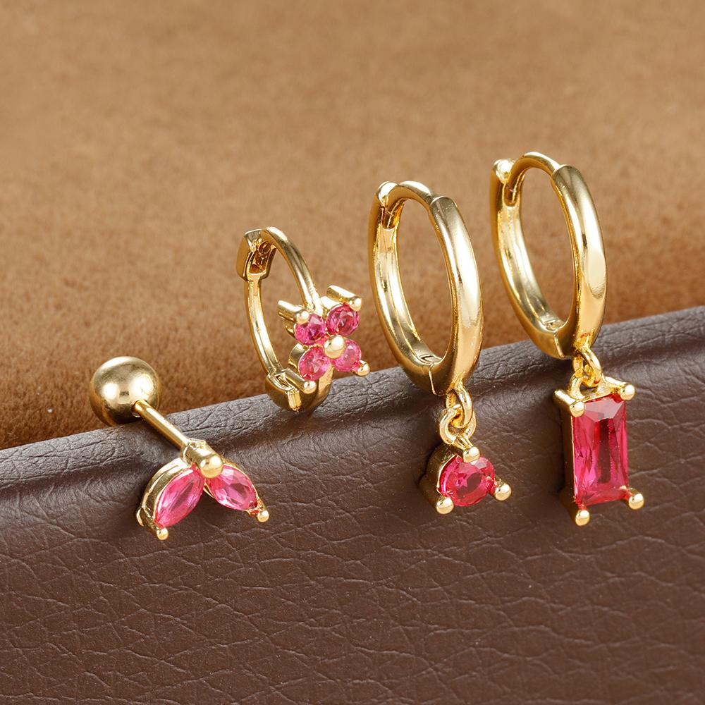 4PCS Fashion Green Crystal Zircon Stainless Steel Hoop Earrings Set For Women Daily Versatile Square Earring Piercing Jewelry