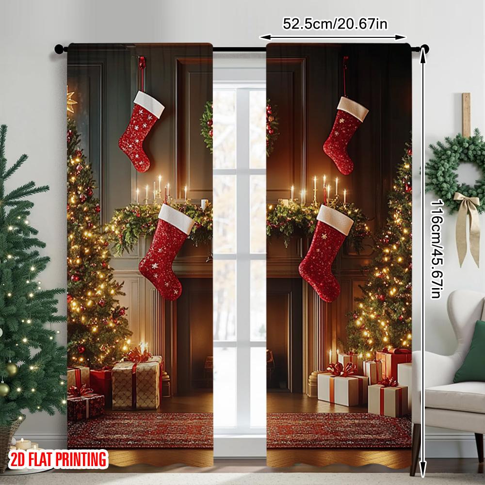 2pcs 2D Flat Printing Merry Christmas Popular Curtain Christmas Fireplace 1 Fabric Without Electricity Spring Party & Holiday
