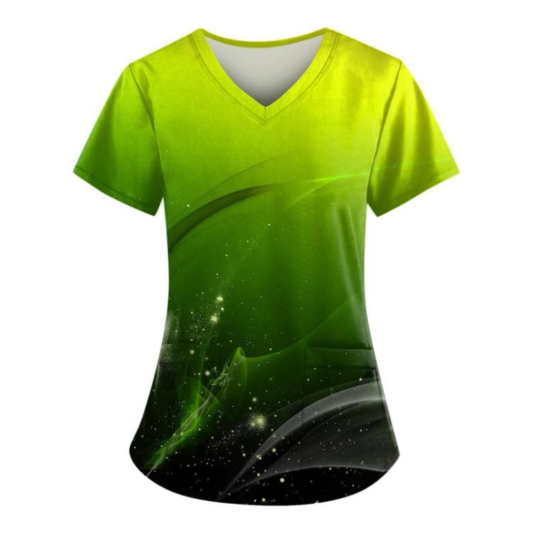 Plus Size Women's V-Neck Short Sleeve Work Scrub Top With Pockets Fun Printed Tee For Working Uniform T-Shirt