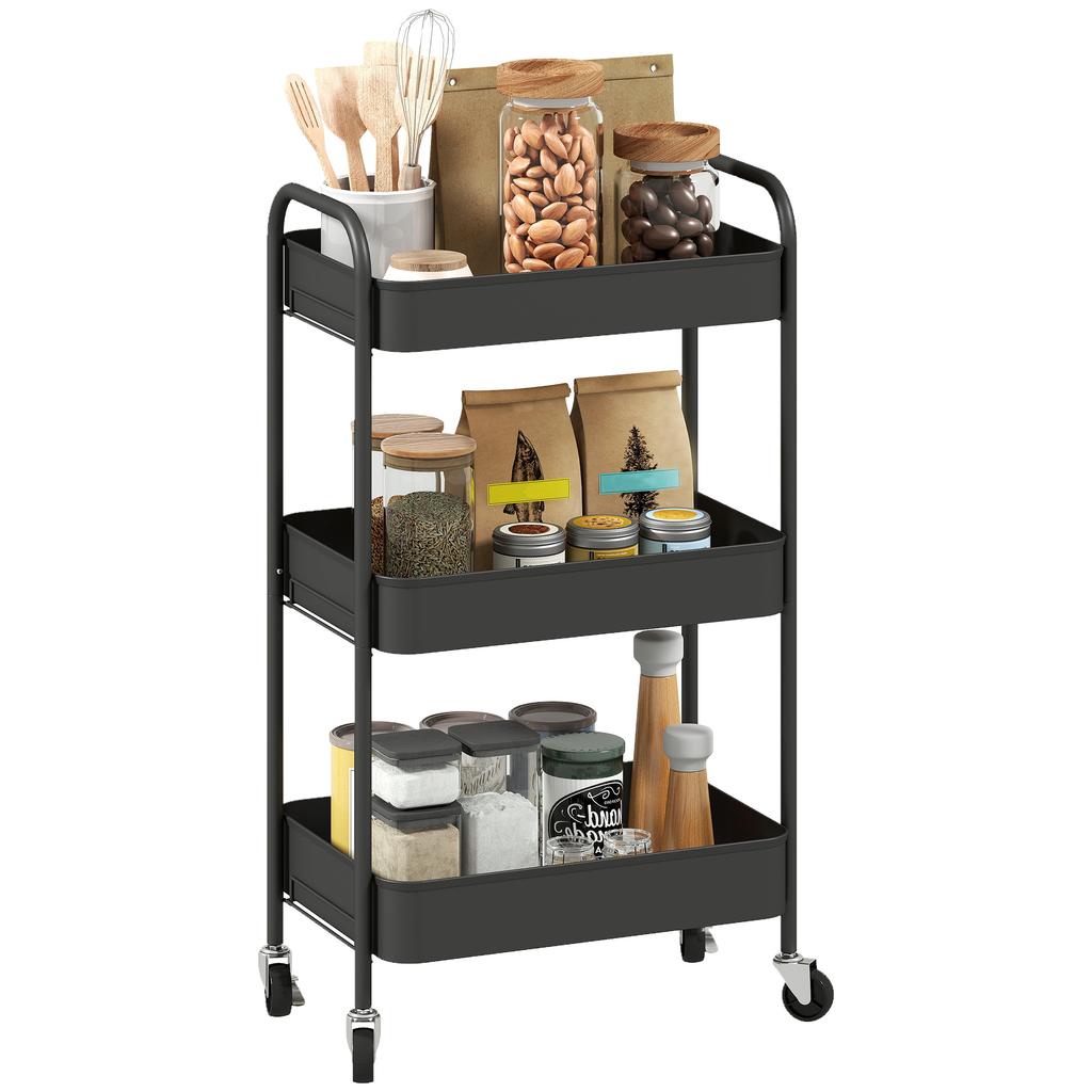 Three-Tier Steel Storage Trolley - Black