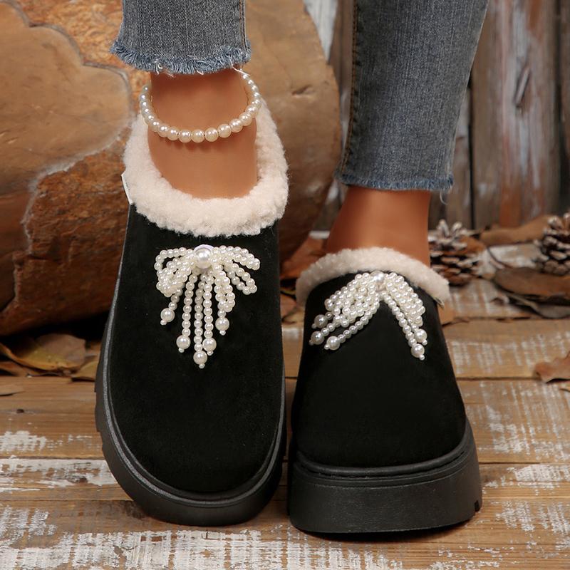 Fashion Fashion Pearls Decor Thick Sole Plush Slippers Women Outdoor Warm Winter Cotton Shoes Woman Plus Size 36-43 Non Slip Snow Boots