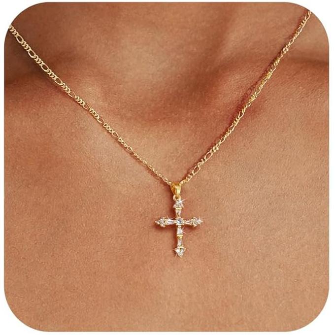 Kolip Cross Necklace for Women, 14K Gold Silver Plated Cross Pendant Necklace