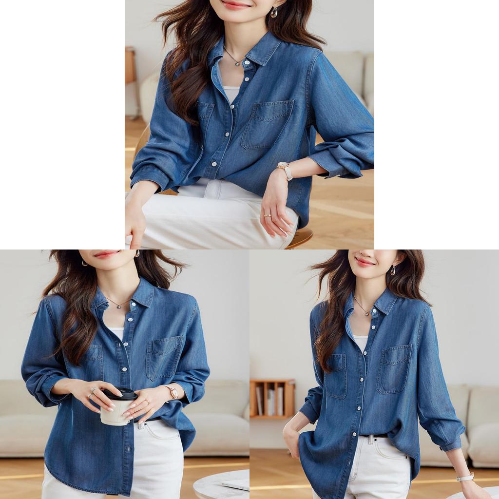 Camicia in Tencel Blu Denim da Donna a Manica Lunga Casual da Ufficio con Tecnologia Antipiega