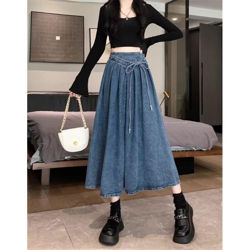 

Ретро джинсовая миди-юбка с высокой талией - Весна, Приталенная, Плиссированная, На завязках, Фасон «зонтик» XL темно-синий