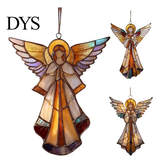 Christmas Gift Tags for Friends Stained Glass Style Angel Ornament, 2D Acrylic Tree Hanging Retro Holiday Party Supplies Decoration with Gold String,