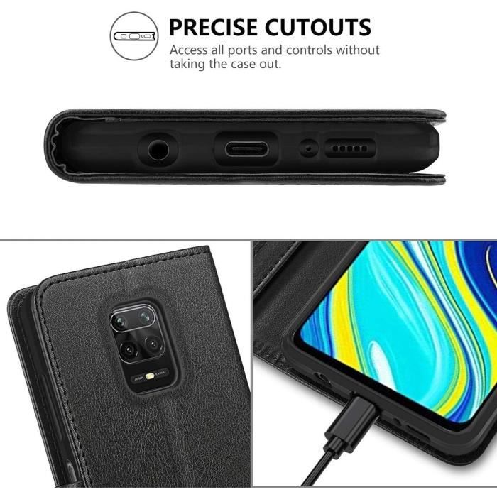 Coque pour Redmi Note 9Pro - Effet Cuir Noir - Protection Renforcée - Fermeture Magnétique - Inclus Verre Trempé
