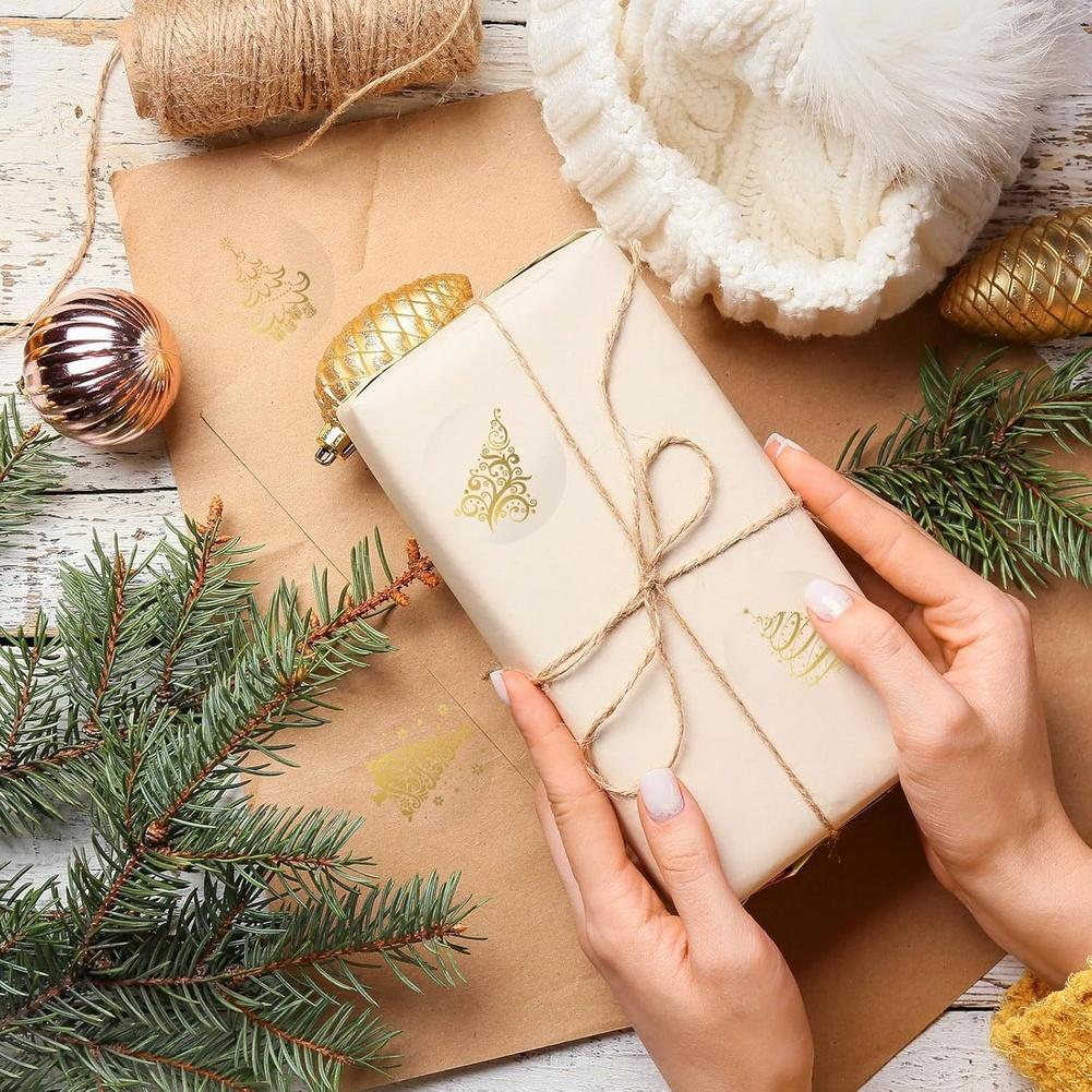 1 Set Adesivi di Natale Trasparenti Rotolo Foglia Oro Albero Etichette Sigillanti Carta Patinata Autoadesivo Alberi di Natale Foglia Oro
