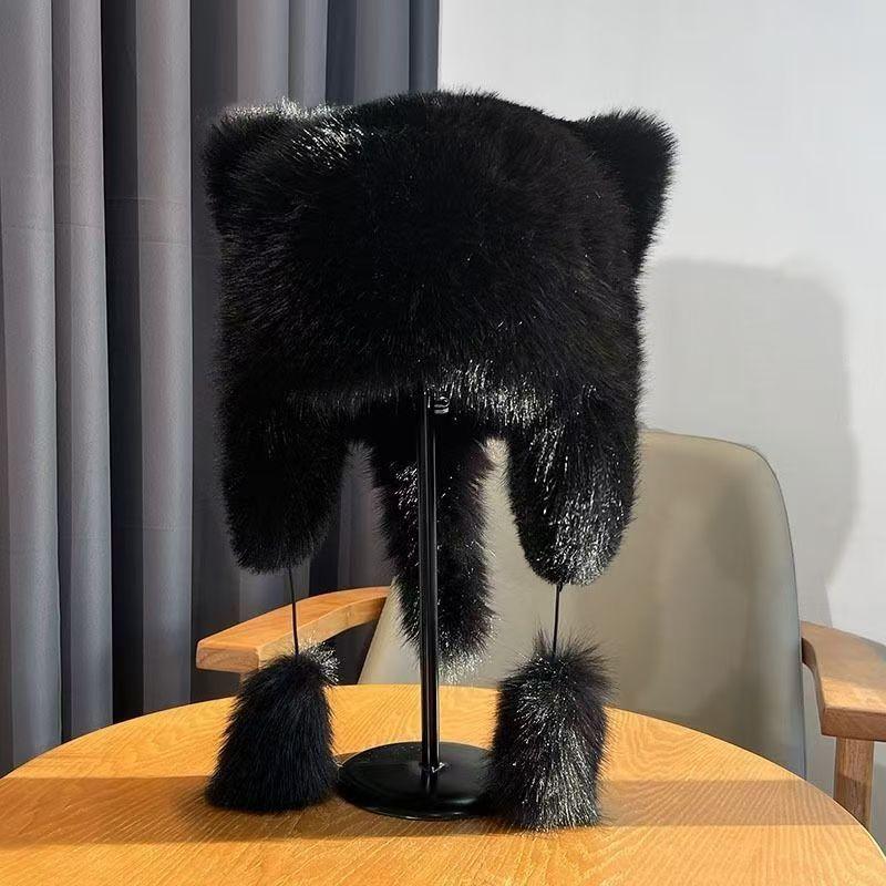 

Winter Thickened Warm Ear Protector Raccoon Tail Cap One size fits all чорний