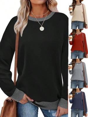 Automne Femmes Couleur Unie Tricot Manches Longues Col Rond Pull Top