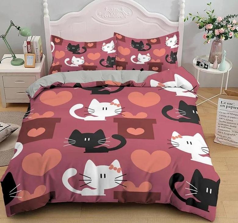 Cartoon Cute Cat Down Duvet Cover 3 Piece Set Single-Sided Printing Bedding Set Comfortable Quilt Cover With 2 Pillowcases