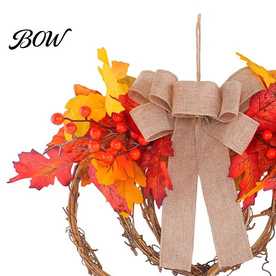 Linen Bow Wreath Fall Artificial Maple Leaf for Front Door, Thanksgiving Rattan Garland with Berries And Burlap Autumn Harvest Door Wall Hanging Decor