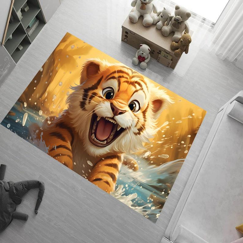 2D Cool Tiger Print Area Rug Wild Animal Pattern Carpet Non-Slip Washable Floor Mat for Living Room Bedroom Man Cave Home Decor