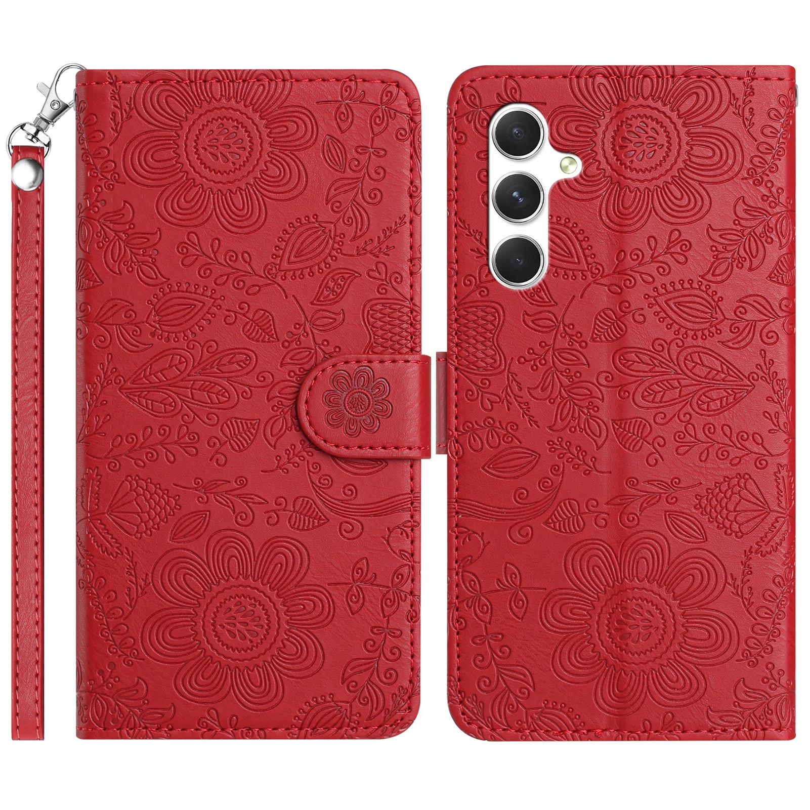 

For Samsung Galaxy S25+ Case Flower Imprint Leather Flip Wallet Phone Cover with Wrist Strap A