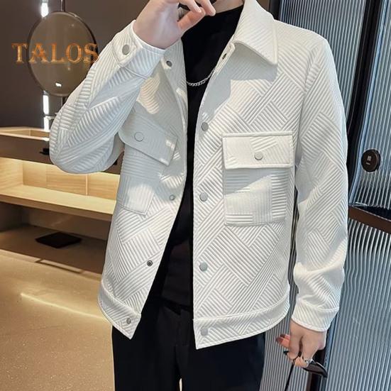 Herrenjacke Revers Langarm Pattentaschen Einreihiger Jackenmantel Einfarbig Gestreiftes Jacquardmuster Oberbekleidung