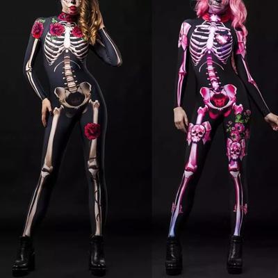 Women Children Halloween Cosplay Costumes Parent-child Outfit Skull Skeleton 3d Skeleton Floral Printing Long Sleeve Bodysuit Jumpsuits