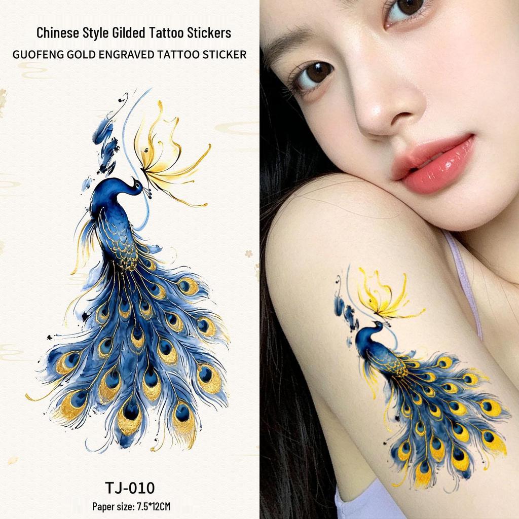 Chinese Style Waterproof Phoenix & Koi Tattoo Sticker - Long-lasting, Aesthetic Dunhuang Design for Arm & Collarbone