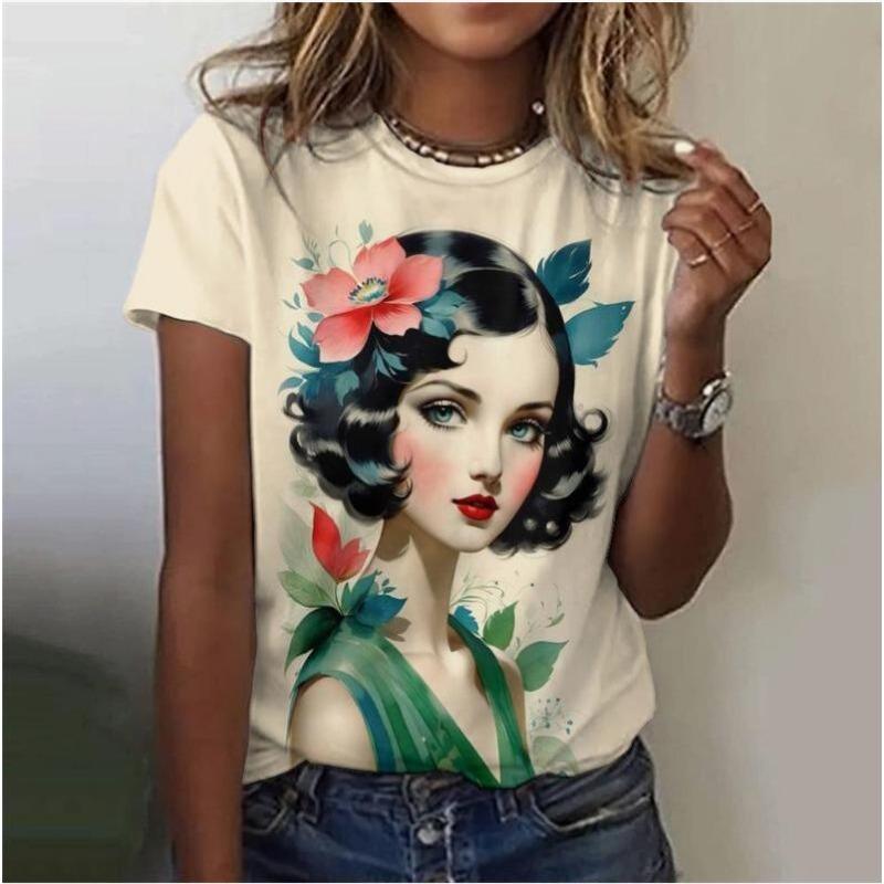 Summer T-shirt Ladies Abstract Art Portrait 3d Printing Fashion Casual Tops Contrast Color Design Women's Clothing
