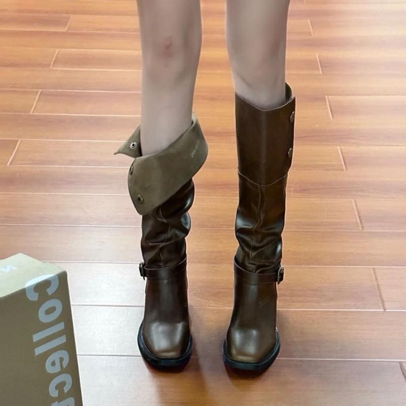 

Maillard style new retro tall knight boots women s knee boots thick heel foldable button fashion 40 коричневий
