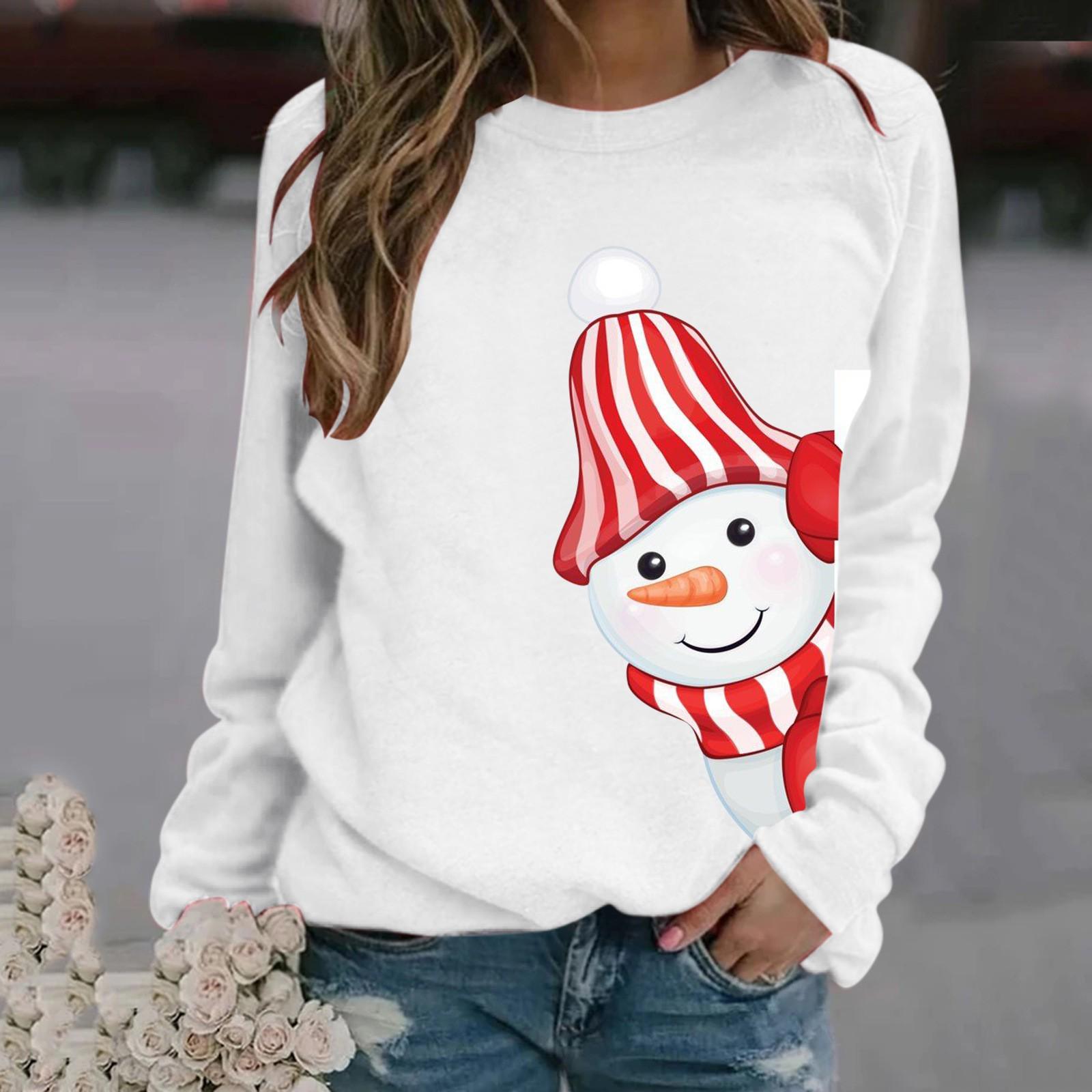 

Женский рождественский пуловер с круглым вырезом и длинными рукавами, повседневная флисовая толстовка с принтом M белый