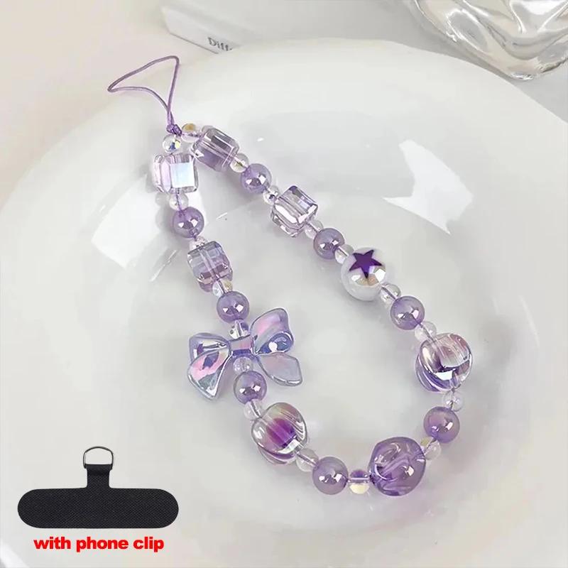 

Jewelry Sweet Candy Color Mobile Phone Chain Bracelet Cute Bow Beaded Cellphone Pendant Charms for all Phone Case Anti-loss фіолетовий