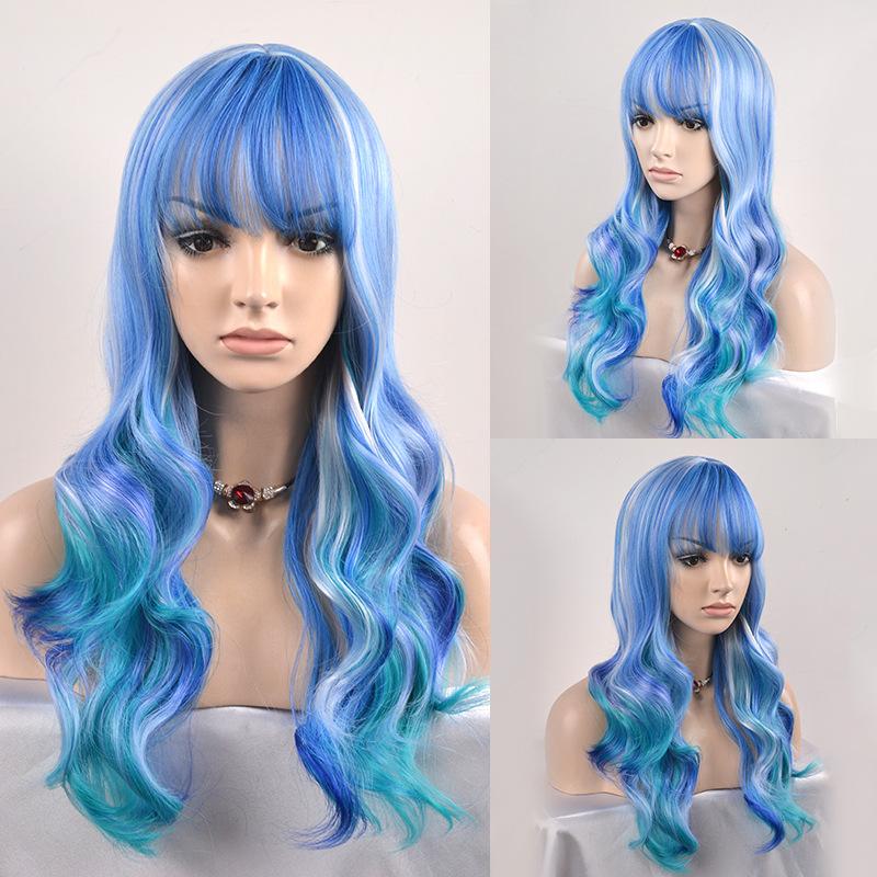 

Европейский американский волнистый косплей длинный кудрявый парик ежедневный пушистый ци челка коричневый парик головной убор синий