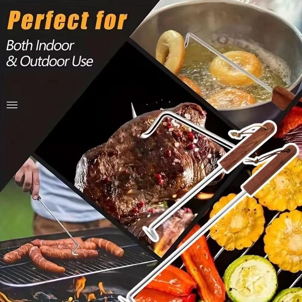 Wooden Handle Barbecue Food Turner Stainless Steel Grilling Cooking Flipper  Kitchen Barbecue