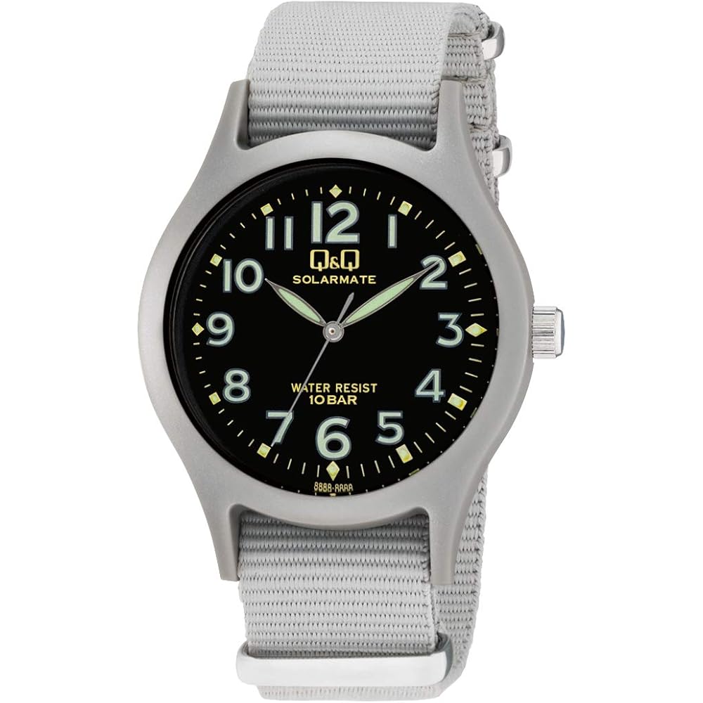 Citizen QQ Analog Solar Watch 10 Bar Water Resistant Nylon Strap Black Dial Men s Grey